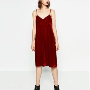 ZARA Red Velvet Sleeveless Cami Dress A Line Size M NWT